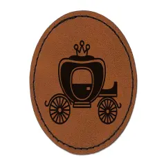 Princess Carriage Round Iron-On Engraved Faux Leather Patch Applique - 2.5" Brown