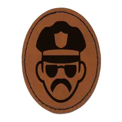Occupation Police Officer Man Icon Round Iron-On Engraved Faux Leather Patch Applique - 2.5" Brown