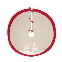 Nordic Christmas Deer on Beige Background with Snowflakes and Red Trim Cotton Christmas Tree Skirt 54.0-in.