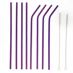 Kitcheniva 8PCS 10.5" Stainless Steel Ultra Long Metal Cocktail Straw And 2 Cleaner Brush Purple