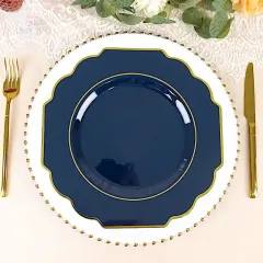10 Pcs 12" Disposable Baroque Plastic Dinner Plates with Gold Rim Navy blue