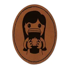 Pumpkin Latte Girl Fall Coffee Round Iron-On Engraved Faux Leather Patch Applique - 2.5" Brown