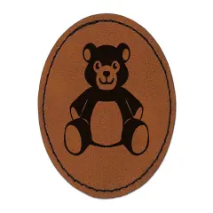 Teddy Bear Stuffed Animal Toy Round Iron-On Engraved Faux Leather Patch Applique - 2.5" Brown