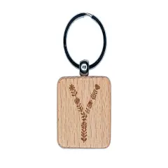 Elegant Botanical Floral Letter Y Engraved Wood Square Keychain Tag Charm