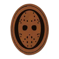 Hockey Mask Goalie Scary Halloween Round Iron-On Engraved Faux Leather Patch Applique - 2.5" Brown