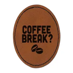 Coffee Break with Beans Round Iron-On Engraved Faux Leather Patch Applique - 2.5" Brown