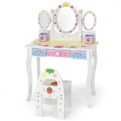 Kids Vanity Princess Makeup Dressing Table Chair Set with Tri-fold Mirror White