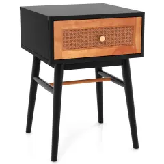 1-Drawer Modern Bedside Table with Solid Wood Legs Black