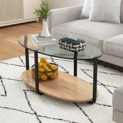 2-Tier Glass-Top Modern Coffee Table with Storage Shelf