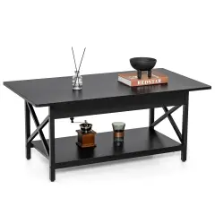 2-Tier Rectangular Coffee Table with Large Storage Shelf and Metal Frame for Living Room Black