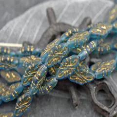 *9* 19x9mm Gold Washed Matte Teal Blue Arabesque Beads