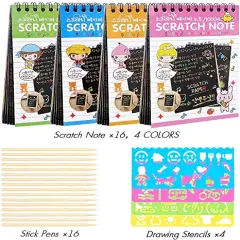 16 Pieces Drawing Notebook Set, Scratch Art Paper Rainbow Mini Notes, Sketch Drawing Pad for Kids Party Favors（with 16 Wooden Stylus & 4 Drawing Stencils）