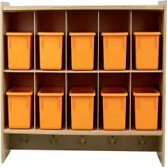 Cubby Storage Organizer Cubes, 10 Cubbies with Coat Hooks, Hanging Wall Cubby Shelf for Kids Toys, Daycare, Classroom, 47-Inch Width Orange