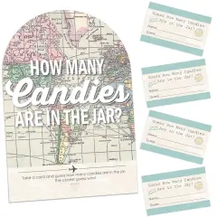 Big Dot of Happiness World Awaits - How Many Candies Travel Themed Party Game - 1 Stand and 40 Cards - Candy Guessing Game