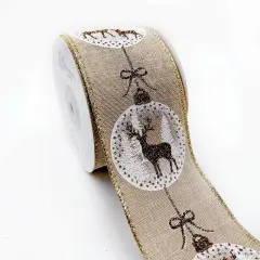 Holiday Reindeer Ornaments Burlap wired edge ribbons, 2.5" x 10 yards Gold
