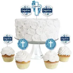 Big Dot of Happiness Confirmation Blue Elegant Cross - Dessert Cupcake Toppers - Boy Religious Party Clear Treat Picks - Set of 24