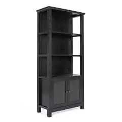Merrick Lane Omaha Modern Farmhouse Storage Cabinet Bookcase, Glass Doors and Open Shelves Black