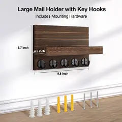 Key Holder for Wall, Decorative Key and Mail Holder with Shelf Has Large Key Hooks for Bags, Coats &ndash; Paulownia Wood Key Hanger with Mounting Hardware (9.8&rdquo;W x 6.7&rdquo;H x 4.2&rdquo;D) (Brown)