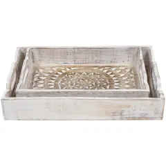 Northlight Set of 2 Brushed White Mandala Display Trays with Handles 18"
