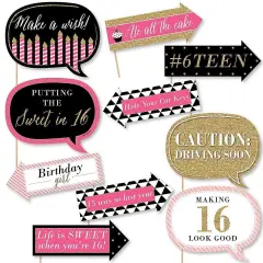 Big Dot of Happiness Funny Chic Sweet Sixteen Birthday - Pink, Black and Gold - 16th Birthday Party Photo Booth Props Kit - 10 Piece