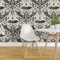 Pre-Pasted Wallpaper 2FT Wide Black And White Moth Bat Flower Stars Ink Watercolor Moon Ghosts October Gothic Halloween Custom Pre-pasted Wallpaper by Spoonflower