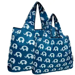 Wrapables Large & Small Foldable Tote Nylon Reusable Grocery Bags, Set of 2, Happy Elephants