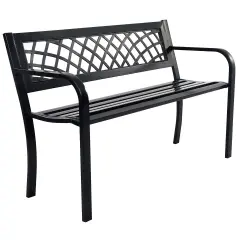 Garden Bench Deck with Steel Frame with Metal Mesh Backrest and Two Armrests