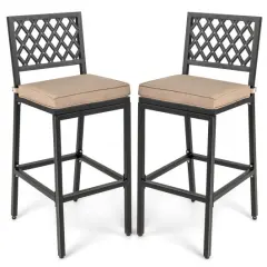 Set of 2 Patio Bar Chairs with Detachable Cushion and Footrest Argyle Pattern