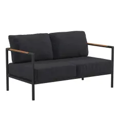 Merrick Lane Eastport Outdoor Loveseat with Removable Plush Fabric Cushions and Teak Accented Aluminum Frame Charcoal