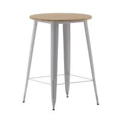 Merrick Lane Dryden Indoor/Outdoor Bar Top Table, 30" Round All Weather Poly Resin Top with Steel base Brown/Silver