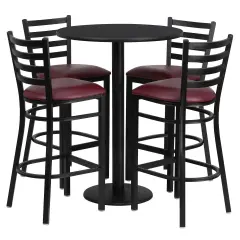 Emma and Oliver 30" Round Laminate Table Set with 4 Ladder Back Metal Stools BlackTop/BurgundyVYL