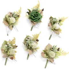 Boutonniere Set of 6 for Groom & Groomsmen Emerald green & beig