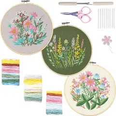 Embroidery Kit for Beginners, 3 Sets Embroidery Kit for Craft Lover Handy Stitch with Embroidery Fabric with Pattern,Full Range Accessories (Cats) Wildflower