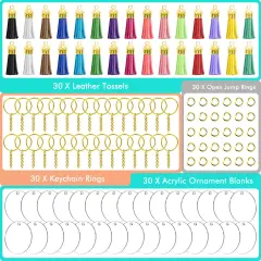 120 Pieces Blank Keychains for Vinyl Kit Including 30pcs Acrylic Discs, 30pcs keychain Tassels, 30pcs Gold Key chain Rings and 30pcs Jump Rings for DIY Keychain, Vinyl Craft