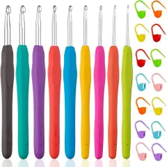 23 PCS Crochet Hooks, Ergonomic Handle Crochet Hooks Set for Arthritic Hands, Comfortable Smooth Crochet Needles Extra Long Knitting Needles with Stitch Markers, Rubber, Multicolor