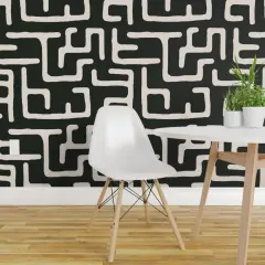 Pre-Pasted Wallpaper 2FT Wide African Geometric Abstract Lines Beige Geo Modern Mod Dark Green Custom Pre-pasted Wallpaper by Spoonflower