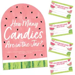 Big Dot of Happiness Sweet Watermelon - How Many Candies Fruit Party Game - 1 Stand and 40 Cards - Candy Guessing Game