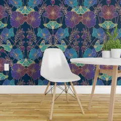 Pre-Pasted Wallpaper 2FT Wide Jewel Tone Poppies Art Nouveau Poppy And Butterfly Blue Aqua Purple Large Scale Floral Custom Pre-pasted Wallpaper by Spoonflower