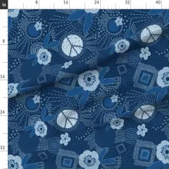 Various Fabrics by the Yard or Fat Quarter Blue Sashiko Hippie Bohemian Denim Peace Sign Japanese Inspired Custom Printed Fabric by Spoonflower