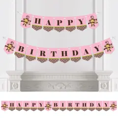 Big Dot of Happiness Pink Monkey Girl - Birthday Party Bunting Banner - Pink Party Decorations - Happy Birthday