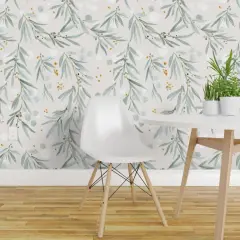 Peel & Stick Wallpaper 2FT Wide Leaves Gray Watercolor Botanical Blue Green Watercolour Eucalyptus Custom Removable Wallpaper by Spoonflower