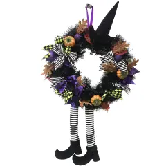 Happy Halloween Witch Wreath - Front Door Hanging Witchy Decorations with Pumpkins, Maple Leaves, Witch Hat and Witch Legs