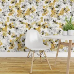 Pre-Pasted Wallpaper 2FT Wide Endangered Species Honey Bee Flowers Honeycomb Hexagon Floral Apiary Insects Bugs Custom Pre-pasted Wallpaper by Spoonflower