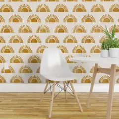 Peel & Stick Wallpaper 2FT Wide Boho Block Print Sun Sunshine In Golden Orange Custom Removable Wallpaper by Spoonflower