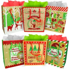 Big Mo's Toys Gift Bags - Holiday Paper Gift And Goody Bag With Christmas Glitter Designs - 6 Pack