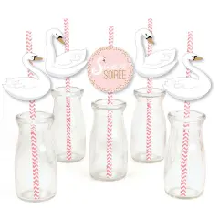 Big Dot of Happiness Swan Soiree - Paper Straw Decor - White Swan Baby Shower or Birthday Party Striped Decorative Straws - Set of 24