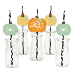 Big Dot of Happiness Little Pumpkin - Paper Straw Decor - Fall Birthday Party or Baby Shower Striped Decorative Straws - Set of 24