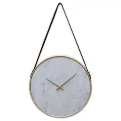 Decorative Contemporary Metal Wall Clock Marble Look Face, Gold Rim and Handles with Hanging Band, for Dining, Living Room, or Kitchen