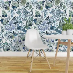 Pre-Pasted Wallpaper 2FT Wide Green Blue Chinoiserie Floral Chinese Inspired Classic Custom Pre-pasted Wallpaper by Spoonflower