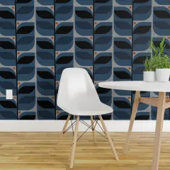 Pre-Pasted Wallpaper 2FT Wide Mod Leaves Faux Textures Look Large Scale Denim Blue Retro Inspired Atomic Era 1950S 1960S Custom Pre-pasted Wallpaper by Spoonflower